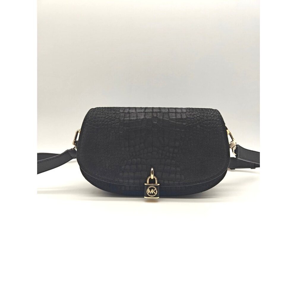MICHAEL KORS Mila East West croc embossed leather crossbody messenger -Black